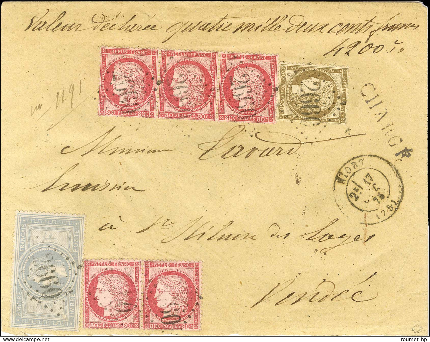 GC 2660 / N° 33 + N° 56 + N° 57 (5) Càd T 17 NIORT (75) Sur Lettre Chargée. 1875. Superbe Affranchissement. - R. - 1863-1870 Napoléon III Lauré