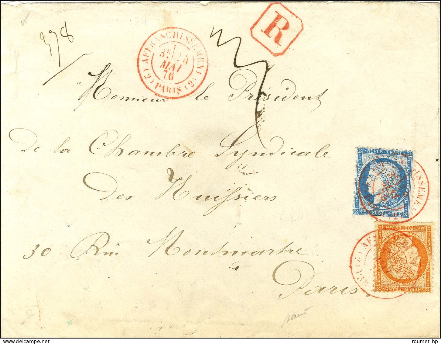 Càd Rouge (2) AFFRANCHISSEMENT (2) / PARIS / N° 38 + 60 Sur Lettre Recommandée Adressée Localement. 1876. - SUP. - R. - 1870 Beleg Van Parijs