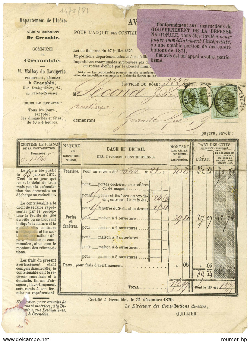 Càd T 17 GRENOBLE / N° 39 + 2 Ex Coupés Pour Fraude De Postier Sur Document Des Contributions Du Département De L'Isère  - 1870 Uitgave Van Bordeaux