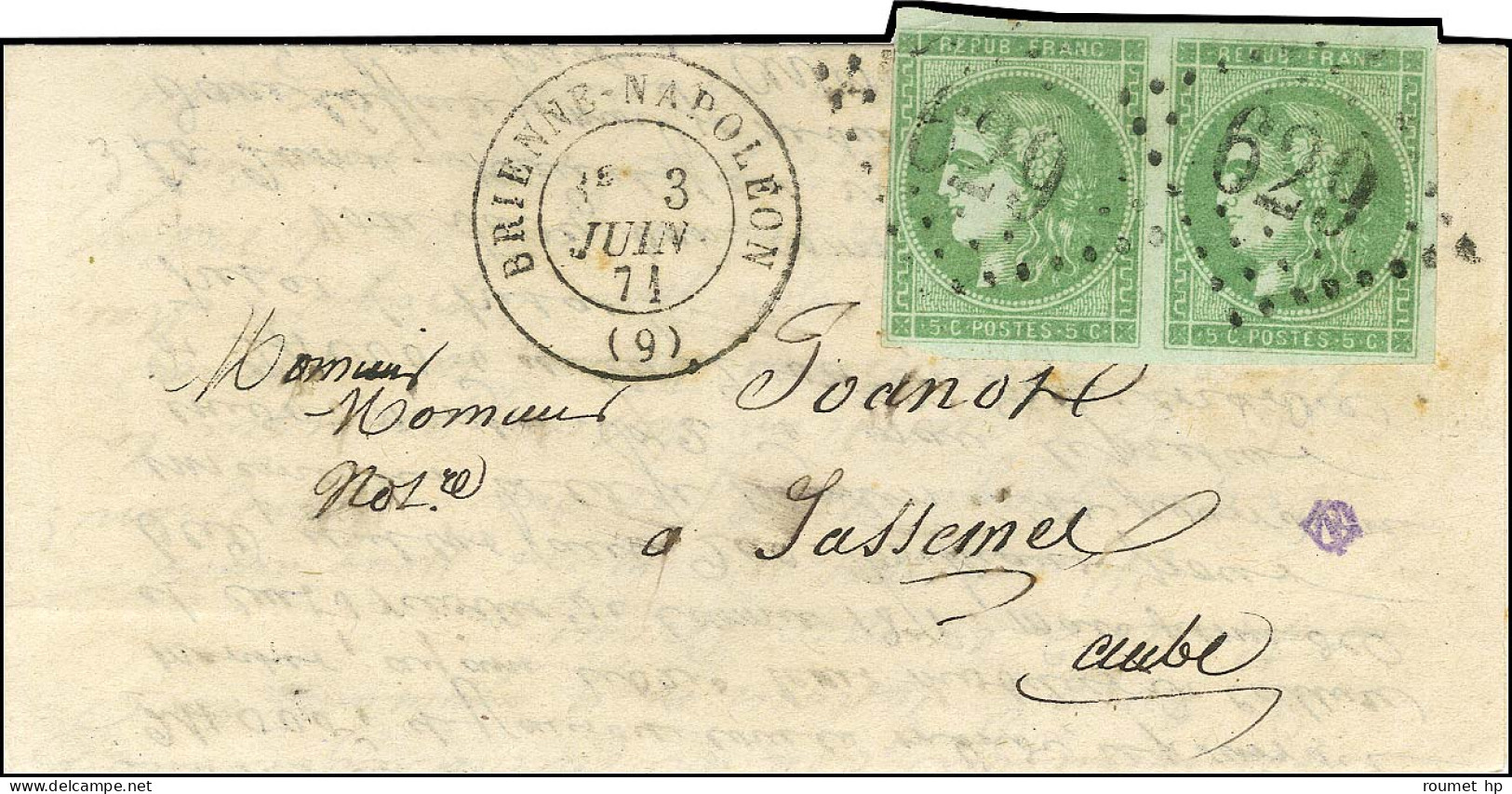 GC 629 / N° 42 Paire (1 Ex Marge Filet à Peine Effleuré) Càd T 17 BRIENNE-NAPOLEON (9) Sur Lettre Locale Adressée Locale - 1870 Ausgabe Bordeaux