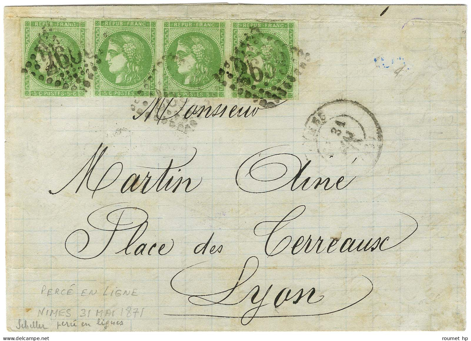 GC 2659 / N° 42 Percé En Ligne Bande De 4 Càd T 17 NIMES (29) Sur Lettre Pour Lyon. 1871. - TB. - R. - 1870 Bordeaux Printing