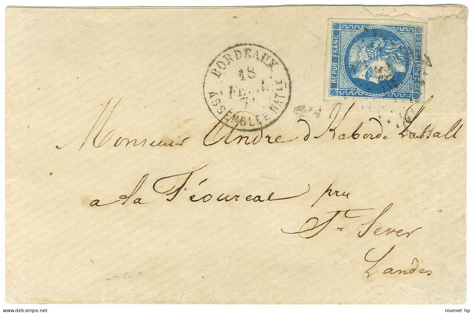 PC Du GC 532 / N° 46 Càd BORDEAUX / ASSEMBLEE NATle Sur Lettre Pour Saint Sever. 1871. - TB / SUP. - R. - 1870 Bordeaux Printing