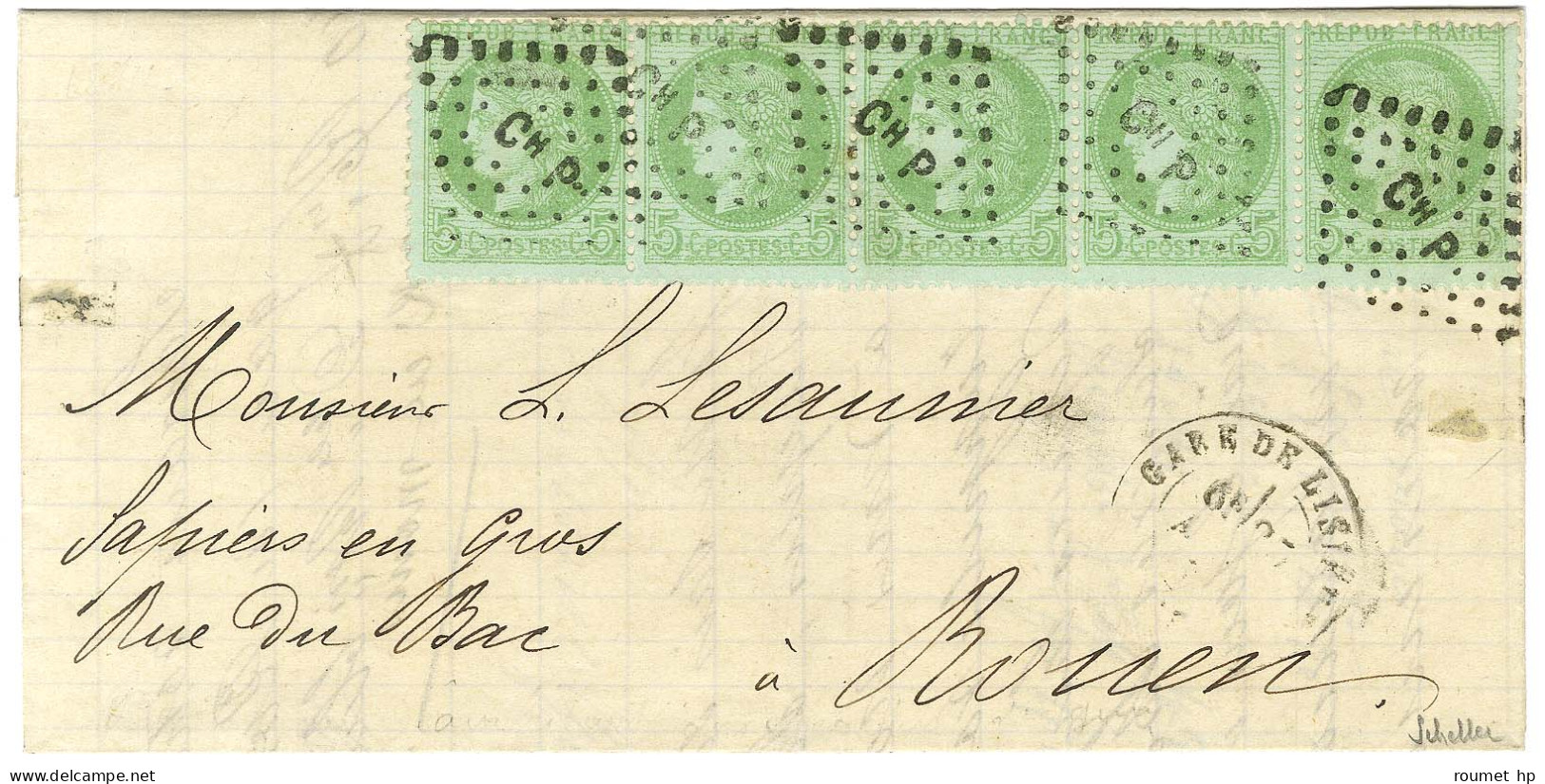 Losange Ambulant Ch P / N° 53 Bande De 5 Très Belle Nuance Càd T 17 GARE DE LISIEUX Sur Lettre Avec Texte Daté Du Mesnil - 1871-1875 Cérès