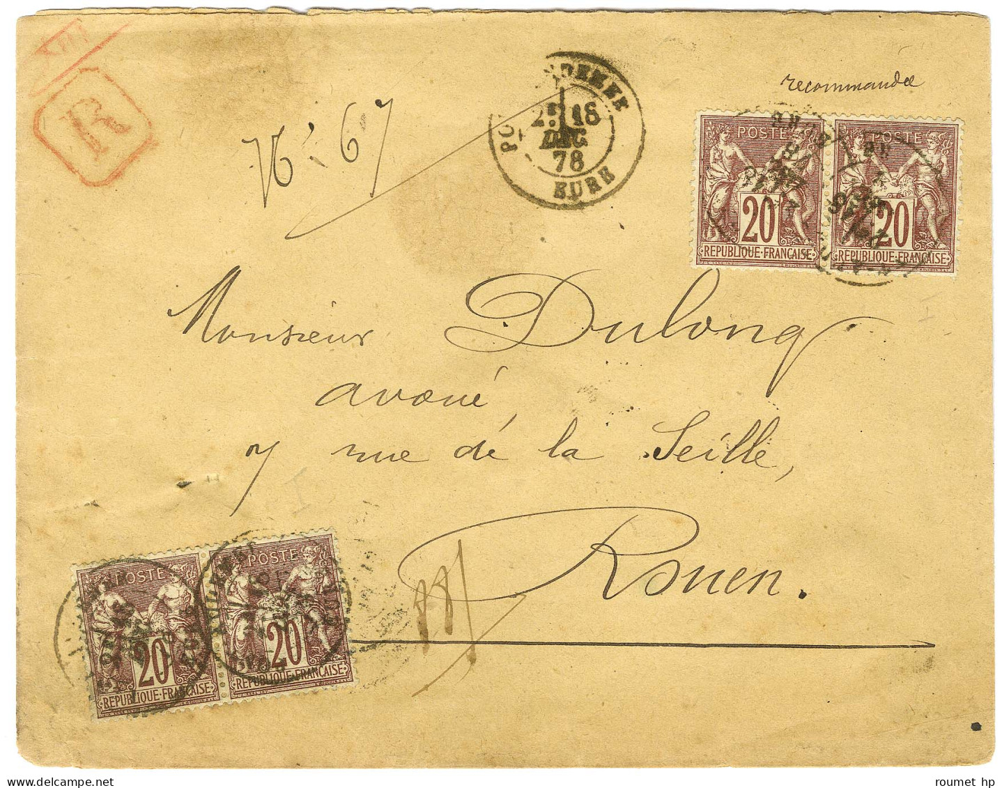 Càd T 18 PONT-AUDEMER / EURE / N° 67 (2 Paires) Sur Lettre Recommandée Pour Rouen. 1878. - TB / SUP. - 1876-1878 Sage (Type I)