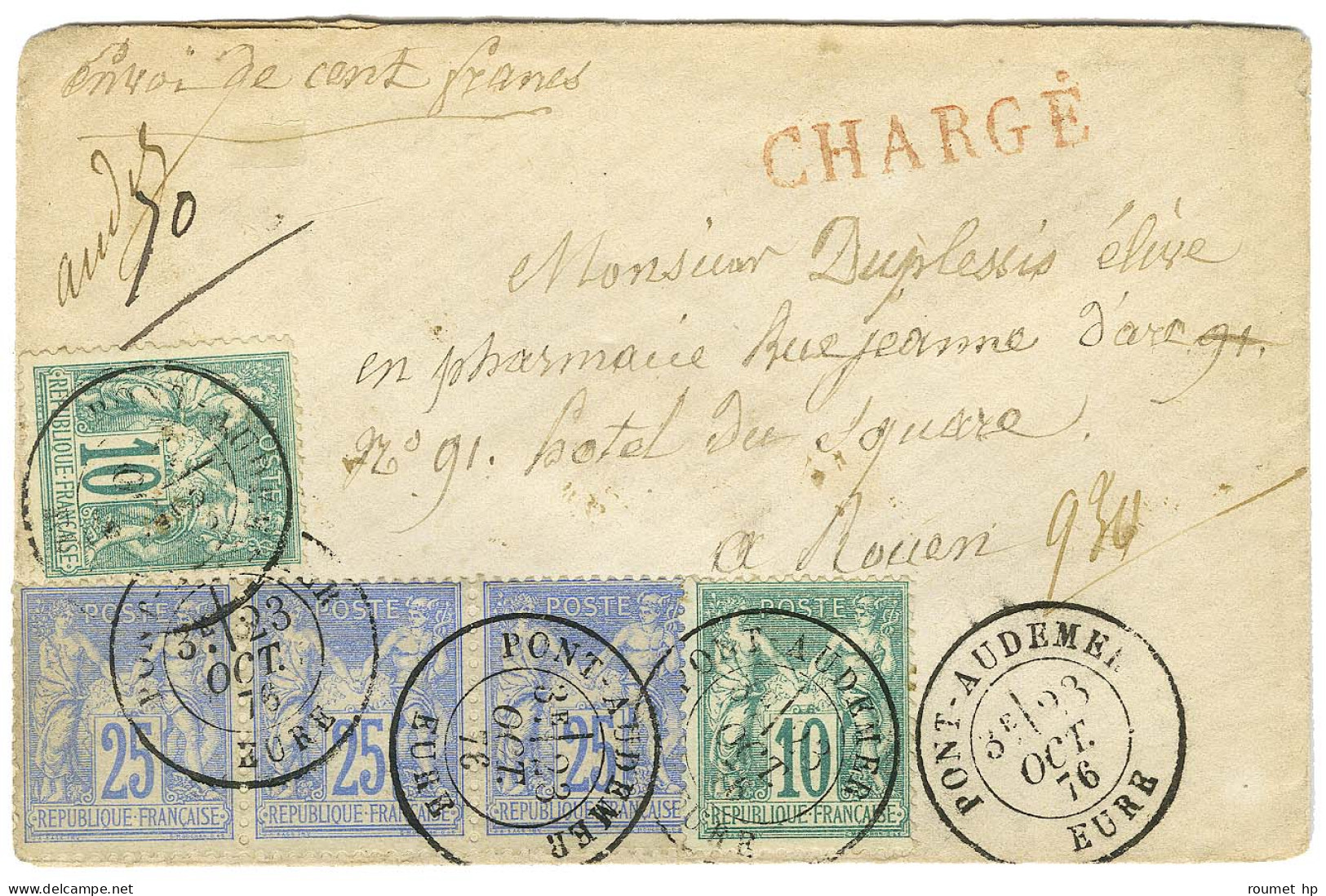 Càd T 18 PONT-AUDEMER / EURE / N° 65 (2) + 78 Bande De 3 Sur Lettre Chargée Pour Rouen. 1876. - SUP. - 1876-1878 Sage (Typ I)