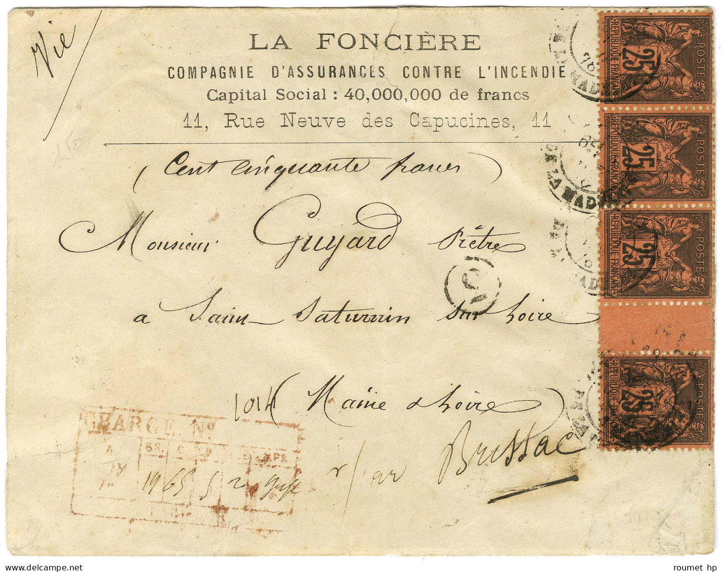 Càd PARIS / PL. DE LA MADELEINE / N° 91 Bande De 4 Avec Interpanneau Sur Lettre Chargée Pour Brissac. 1878. - TB / SUP. - 1876-1878 Sage (Type I)