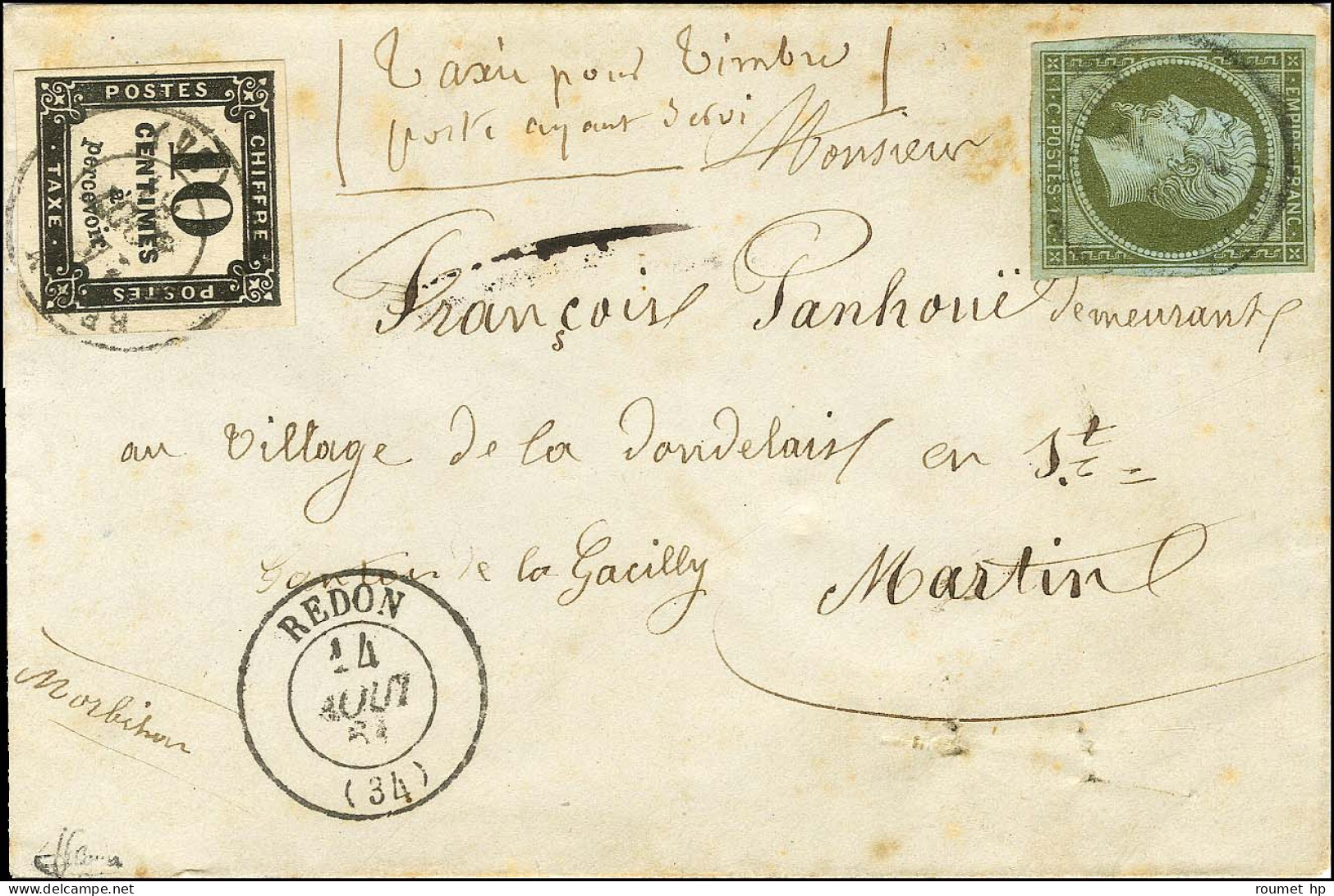 Càd / N° 11 + Taxe N° 2 Obl Càd T 15 REDON (34) Sur Lettre Taxée Pour Timbre Ayant Déjà Servi Pour La Gacilly. 1861. - T - 1859-1959 Cartas & Documentos