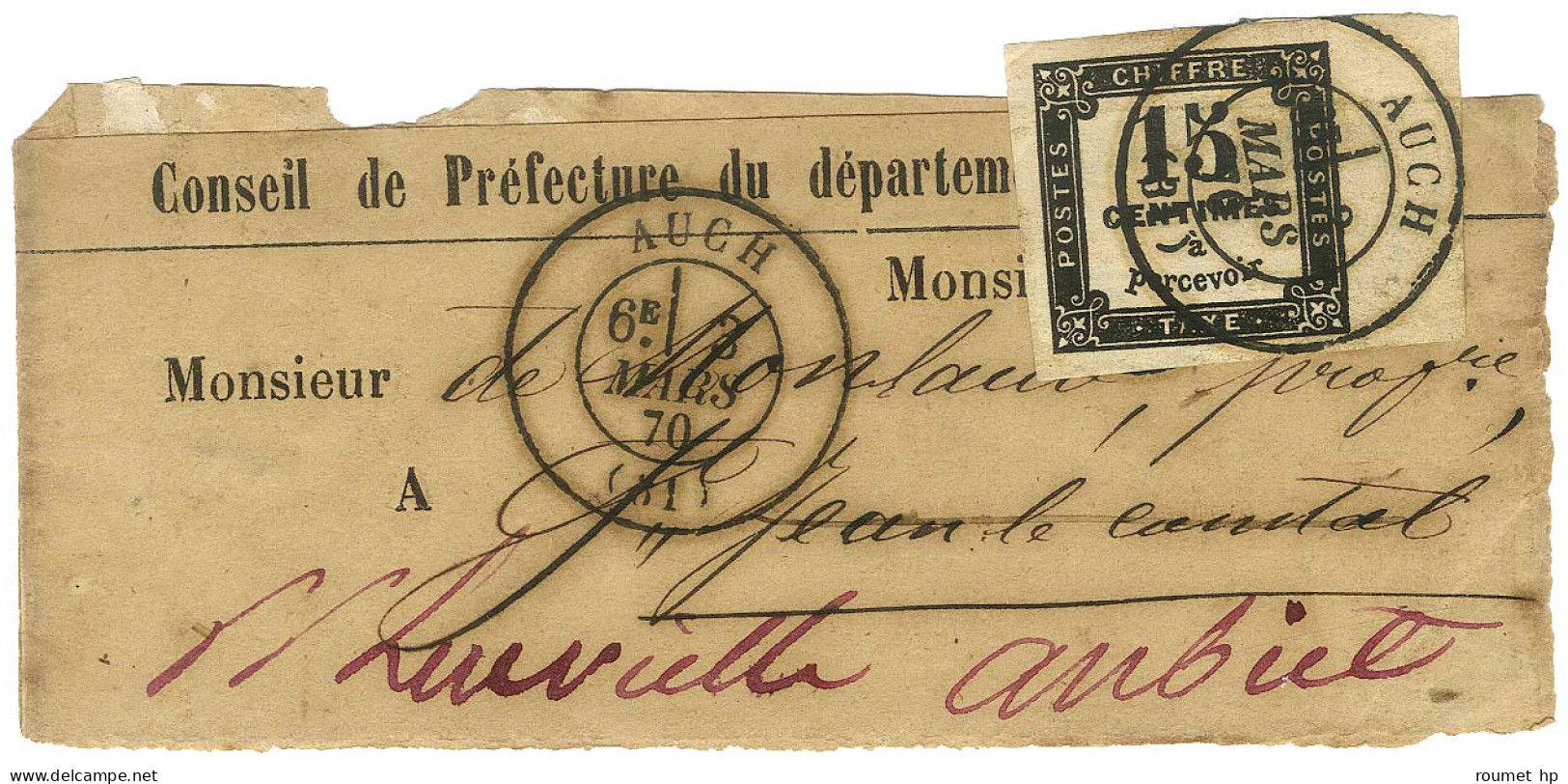 Càd T 17 AUCH (31) / Taxe N° 3 Bdf Sur Bande D'imprimé Adressée à Aubiet. Au Verso, Càd T 24 AUBIET (31). 1870. - TB / S - 1859-1959 Cartas & Documentos