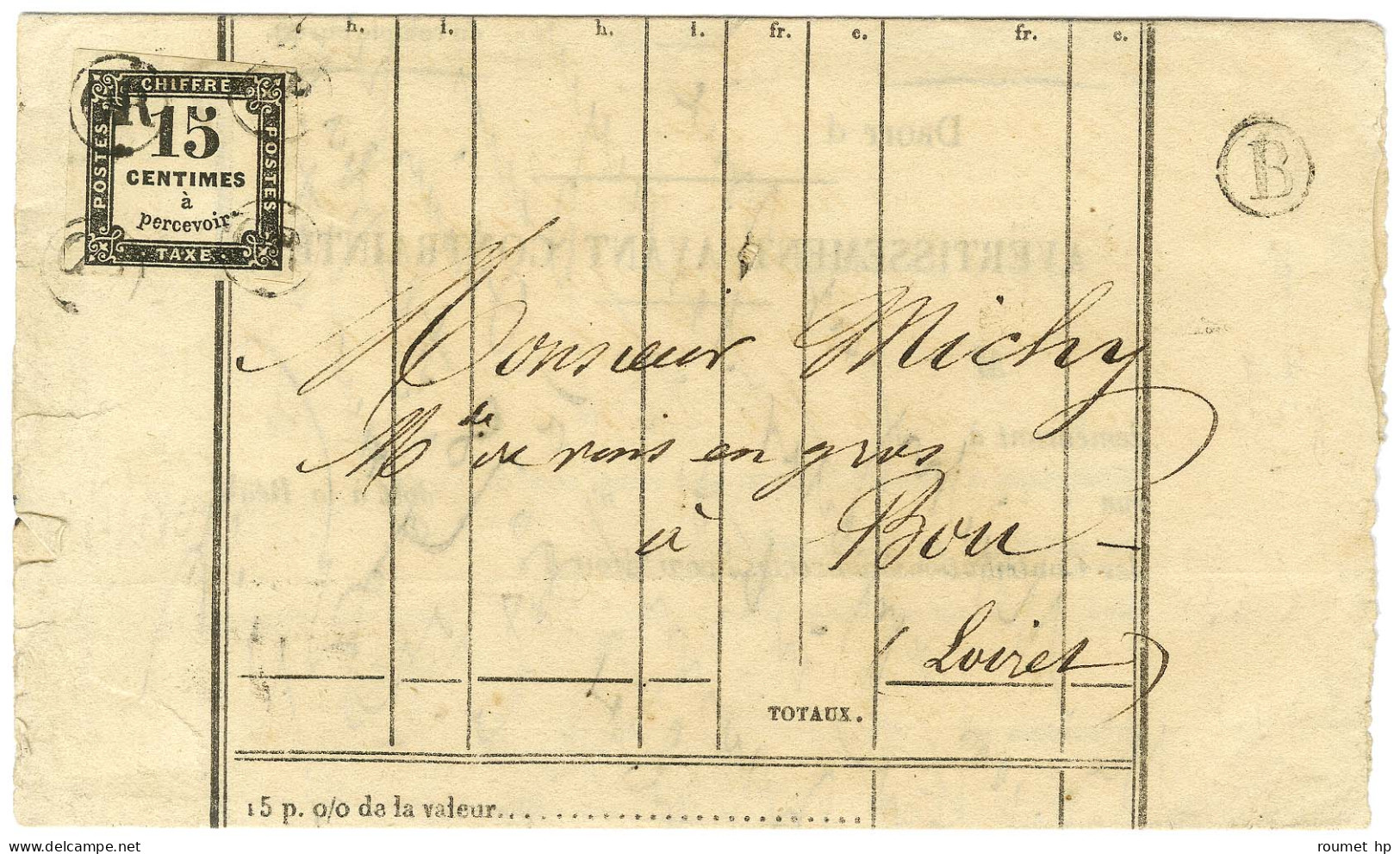 OR (4 Frappes Aux 4 Coins) / Taxe N° 3 Très Belles Marges, à Côté B. RUR. B Sur Avertissement Daté De Checy (Loiret) Le  - 1859-1959 Lettres & Documents