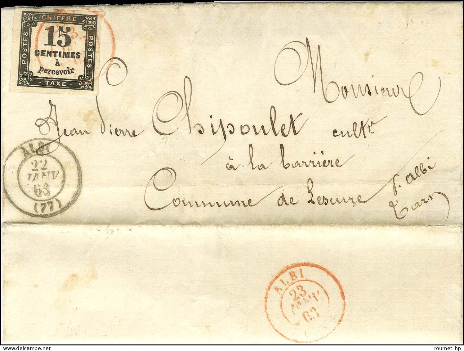 Càd T 15 ALBI (77) Sur Lettre Avec Texte Non Affranchie Adressée Localement Pour Lescure. Au Recto, Càd T 15 Rouge (répé - 1859-1959 Lettres & Documents