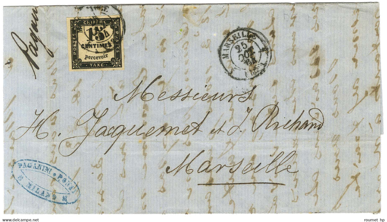 Càd T 15 1 MARSEILLE 1 (12) / Taxe N° 3 Sur Lettre Avec Texte Daté De Milan (Italie) Le 22 Octobre 1864 Acheminée Jusqu' - 1859-1959 Cartas & Documentos