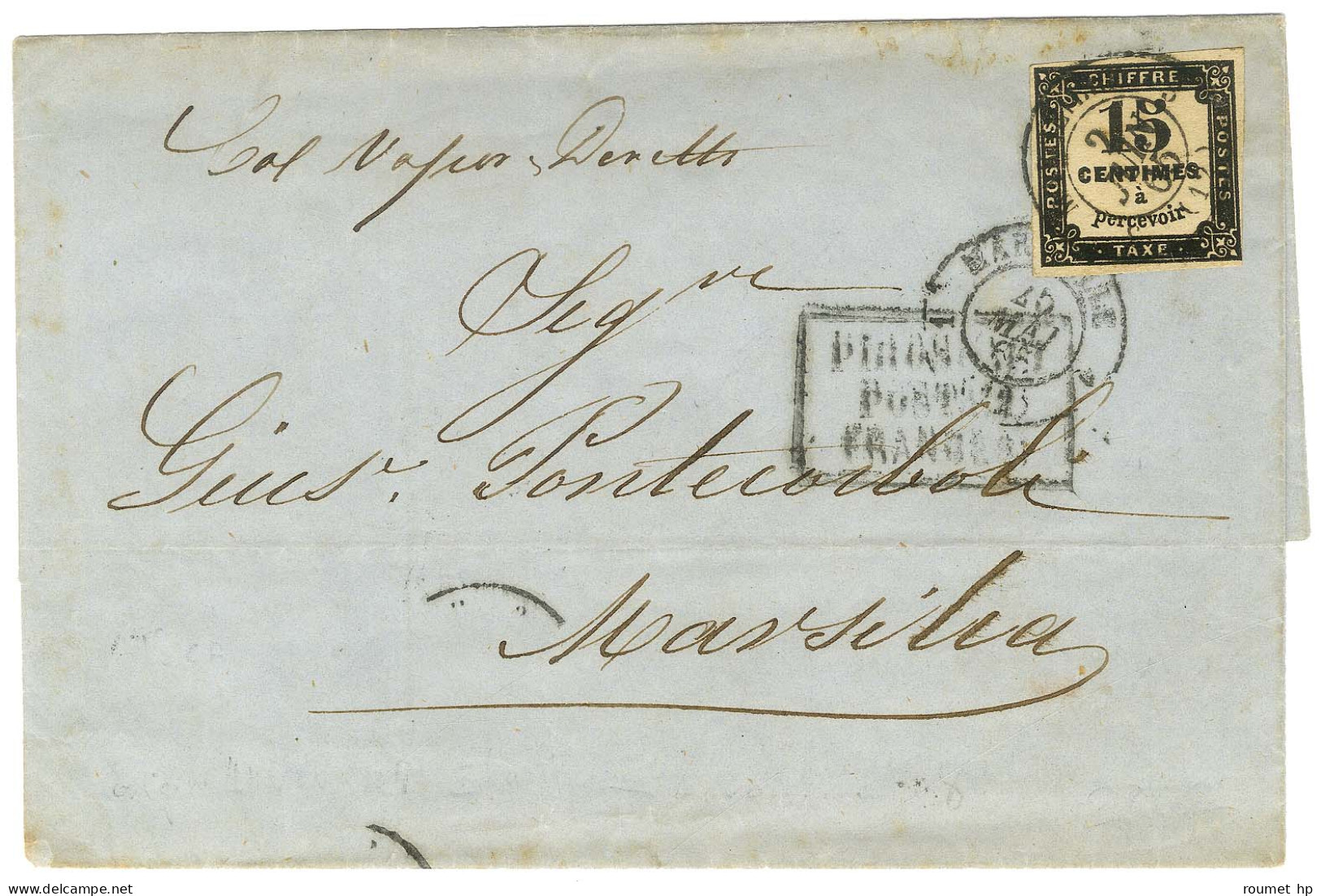 Càd T 15 1 MARSEILLE 1 (12) / Taxe N° 3 Sur Lettre Datée De Messine (Italie) Le 29 Mai 1865 Acheminée Jusqu'à Marseille  - 1859-1959 Briefe & Dokumente