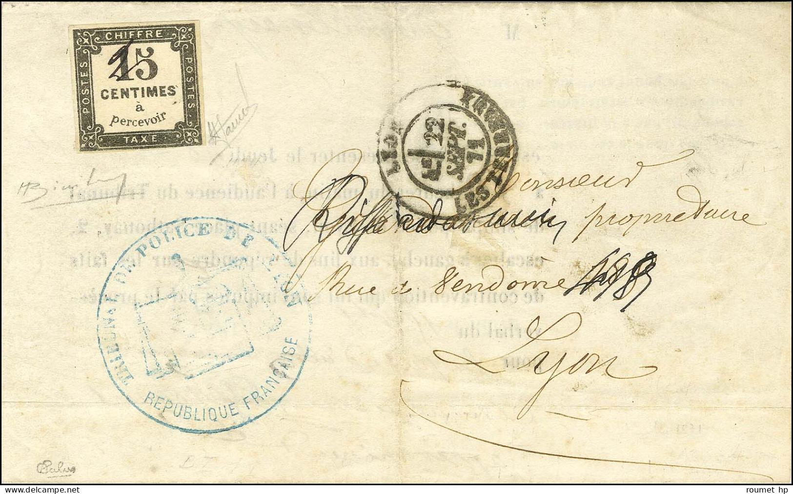 Càd LYON / LES TERREAUX 22 SEPT. 71 Sur Lettre Non Affranchie Adressée Localement. Au Recto, Taxe N° 4 Modifiée 25c à La - 1859-1959 Briefe & Dokumente