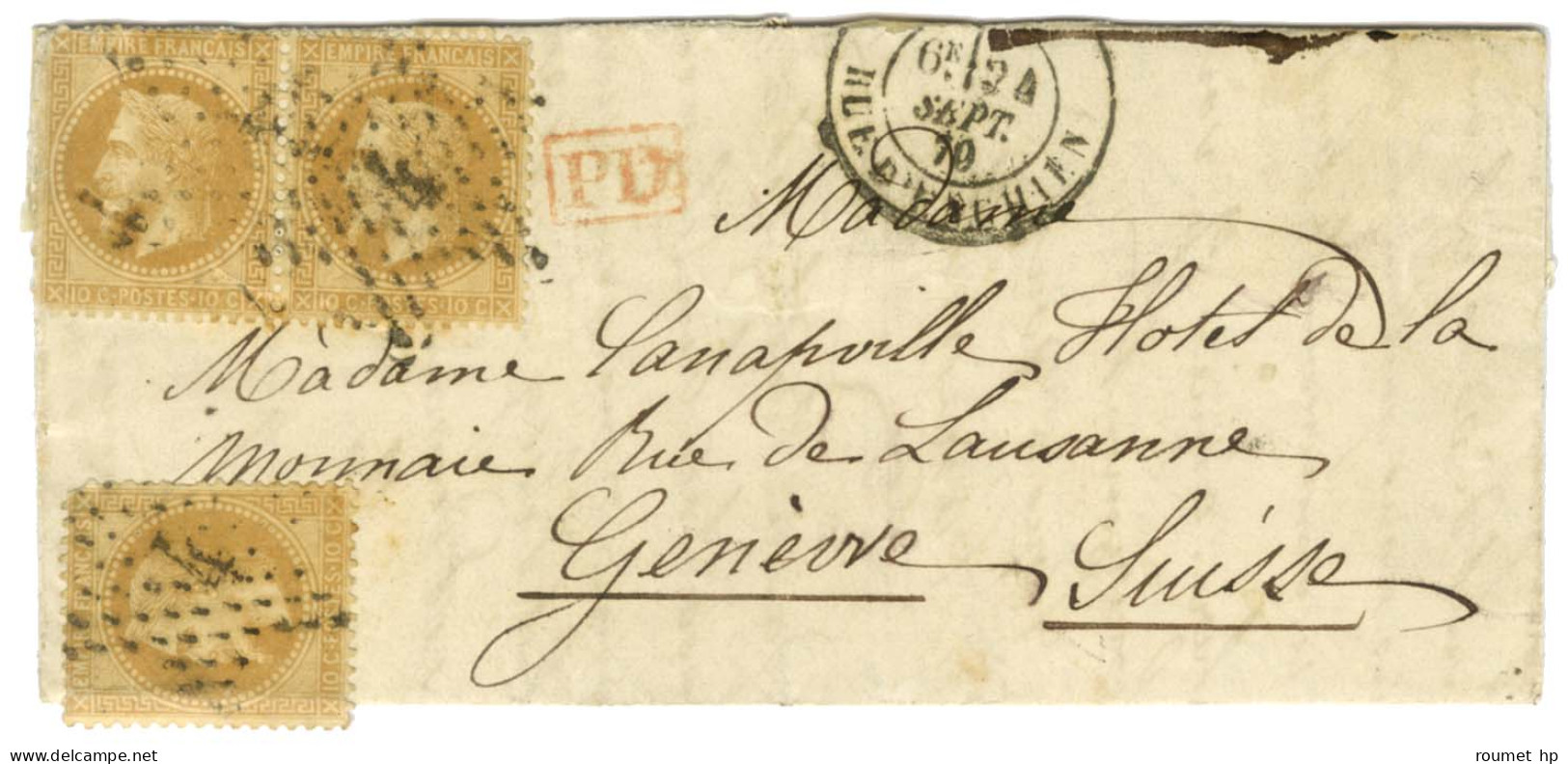 Etoile 4 / N° 28 (3 Dont 1 Ex Pd) Càd PARIS / RUE D'ENGHIEN 24 SEPT. 70 Sur Lettre Pour Genève. Au Verso, Càd D'arrivée  - Guerra De 1870