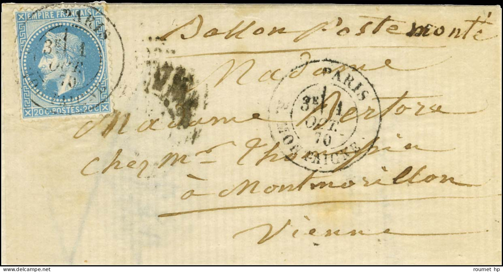 Càd PARIS / R. MONTAIGNE 1 OCT. 70 / N° 29 Sur Lettre Sans Texte Pour Montmorillon, Au Verso Càd D'arrivée 15 OCT. 70. R - War 1870