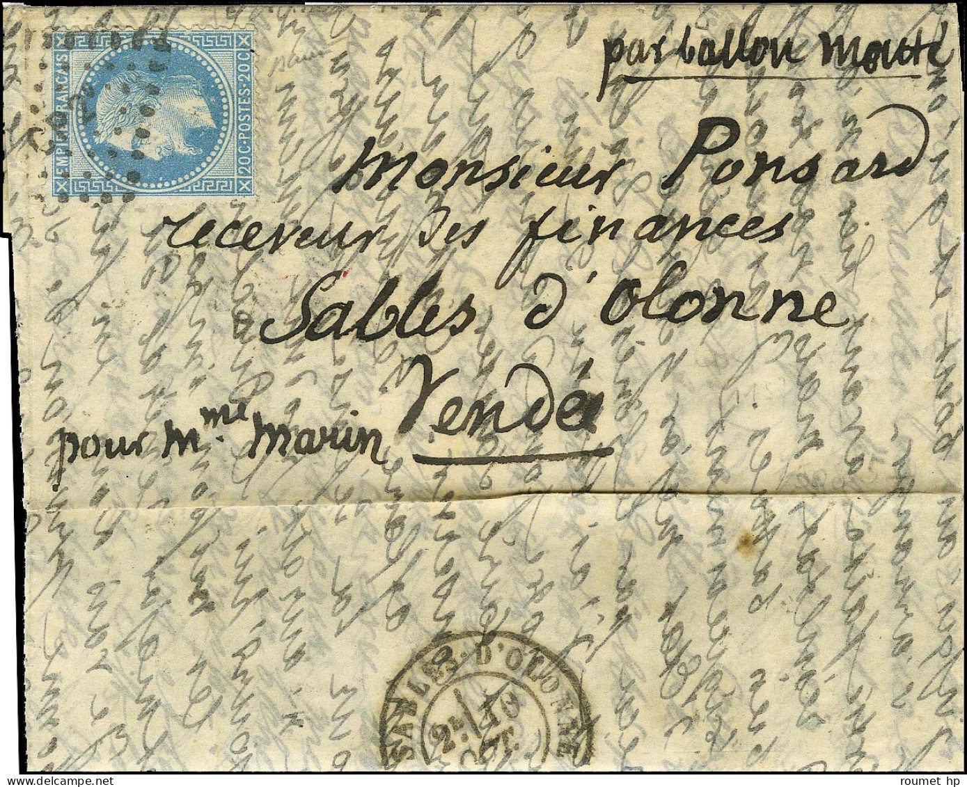 Lettre Avec Texte Daté De Paris Le 28 Septembre 1870 Pour Les Sables D'Olonne. Au Recto, Losange CP2e / N° 29. Au Verso, - Guerre De 1870