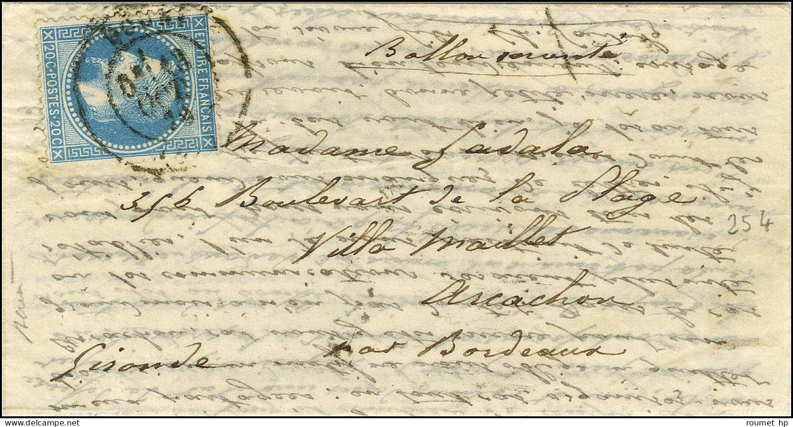 Lettre Avec Texte Daté De Paris Le 9 Octobre 1870 Pour Arcachon. Au Recto, Càd T 17 DOUAI (57) 13 OCT. 70. Au Verso, Càd - War 1870