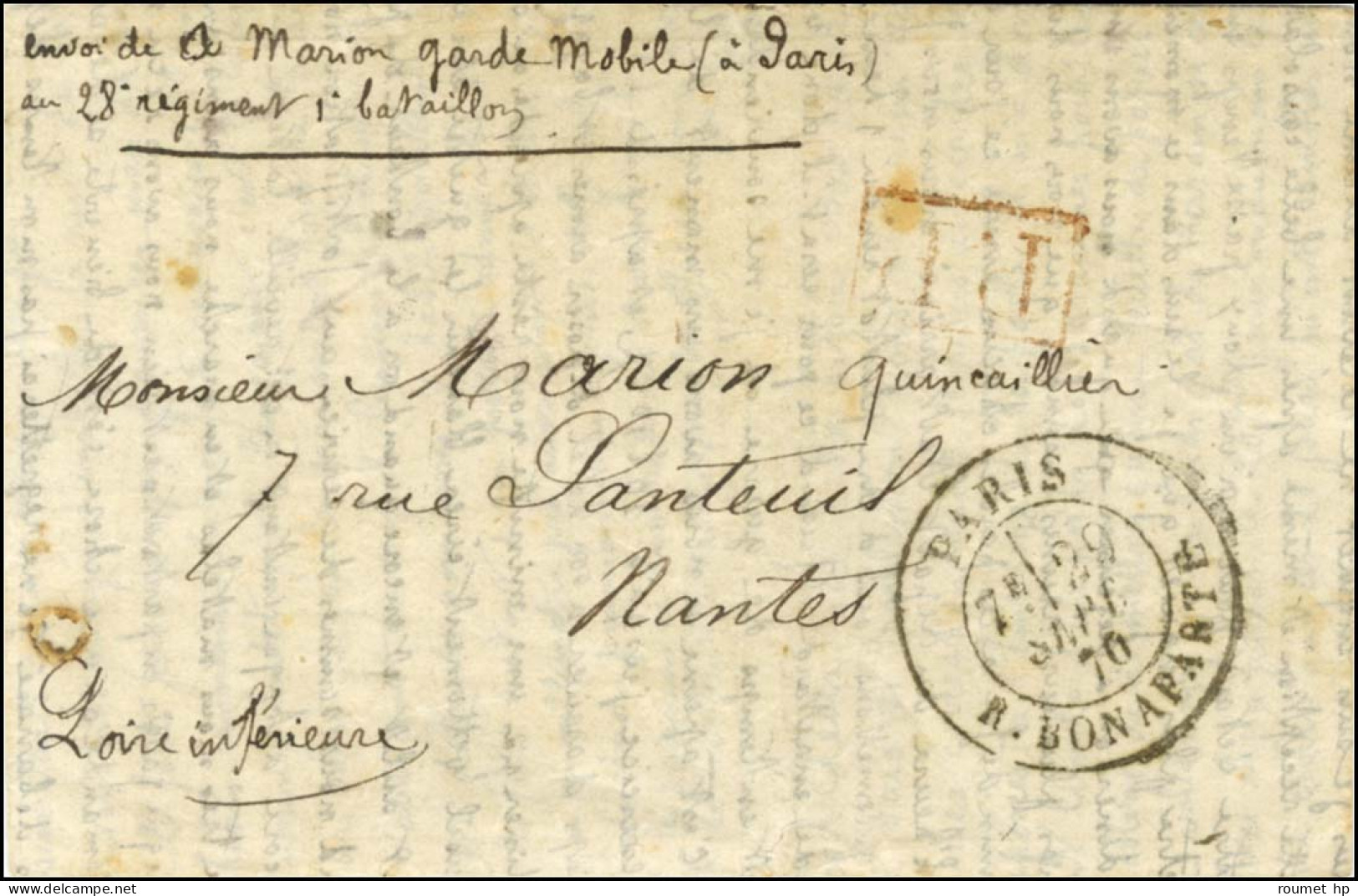 Càd PARIS / R. BONAPARTE 29 SEPT. 70 + P.P. Rouge Sur Lettre En Franchise Militaire Pour Nantes. Au Verso, Càd D'arrivée - War 1870