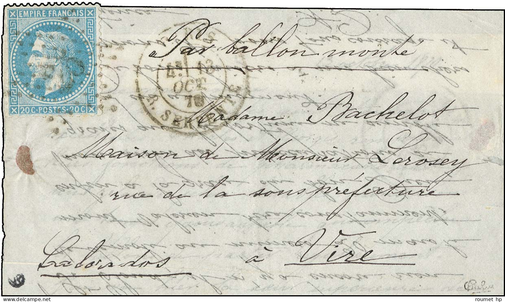 Etoile 25 / N° 29 Càd PARIS / R. SERPENTE 13 OCT. 70 Sur Lettre Pour Vire (Calvados), Au Verso Càd D'arrivée 19 OCT. 70. - Guerra De 1870