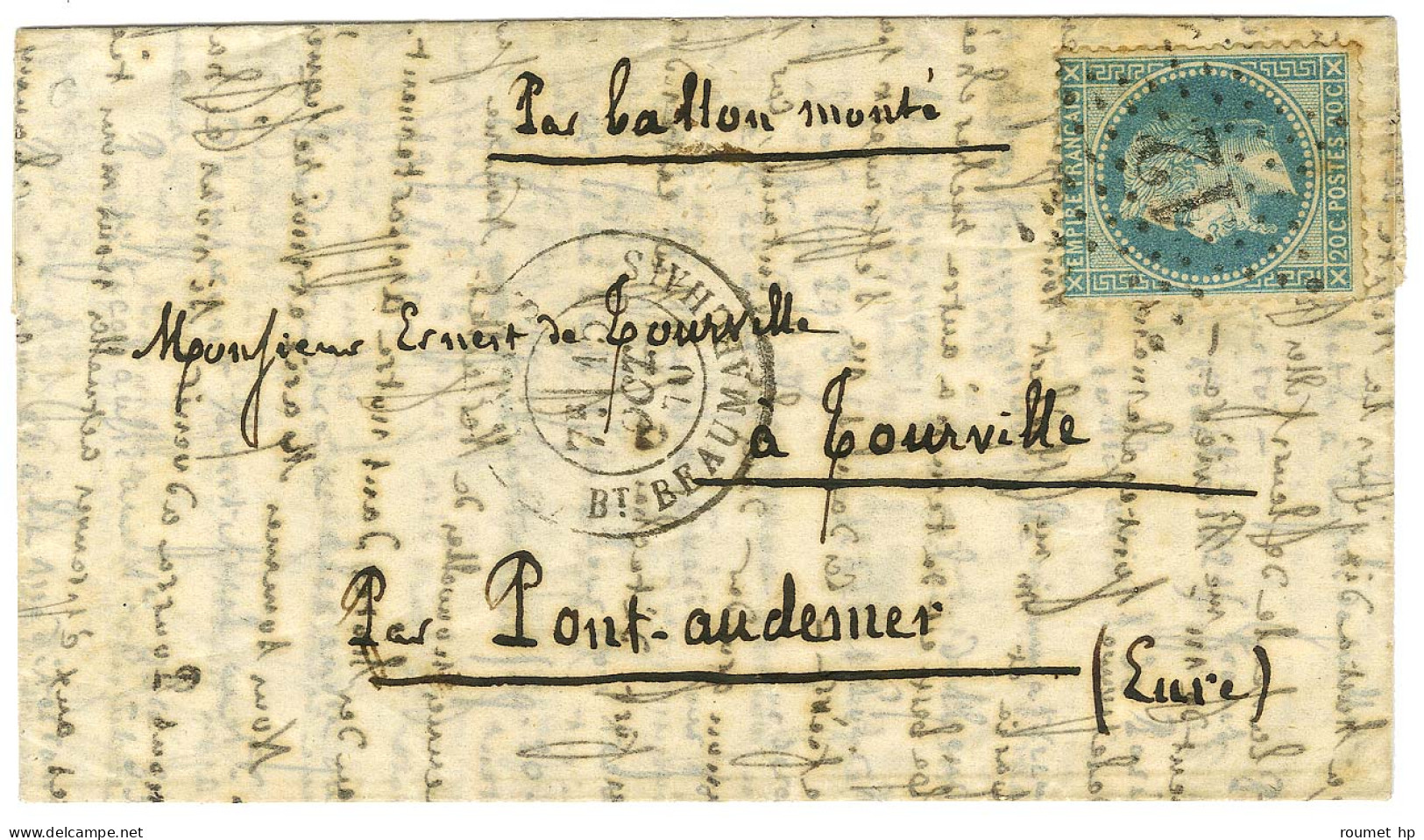 Etoile 12 / N° 29 Càd PARIS / BT BEAUMARCHAIS 15 OCT. 70 Sur Lettre Pour Pont-Audemer. Au Verso, Càd D'arrivée 19 OCT. 7 - Guerre De 1870