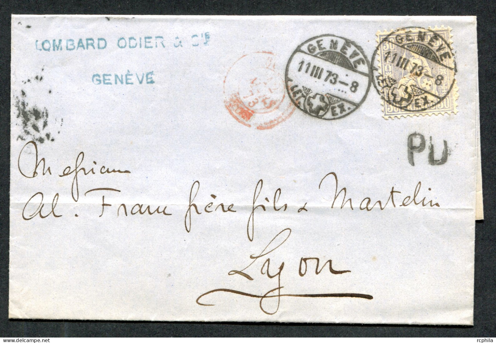 RC 26709 SUISSE 1873 - 30c SUR LETTRE DE GENEVE POUR LYON FRANCE TB - Storia Postale