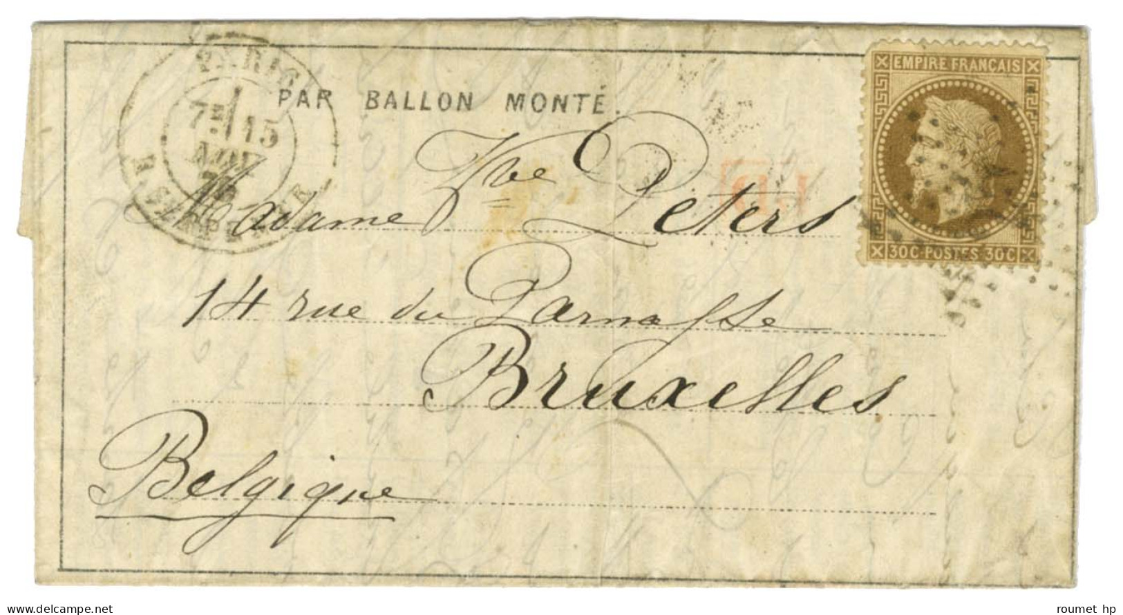 Etoile 25 / N° 30 Càd PARIS / R. SERPENTE 15 NOV. 70 Sur Dépêche Ballon N° 3 Pour Bruxelles. Au Verso, Càd D'arrivée 24  - Krieg 1870