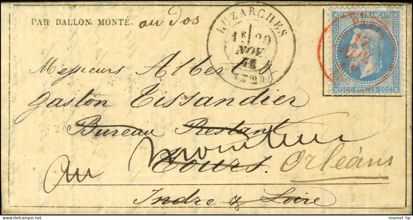 Càd Rouge PARIS (SC) 17 NOV. 70 / N° 29 Sur Gazette Des Absents N° 8 Adressée à Messieurs Albert Et Gaston Tissandier (a - Oorlog 1870