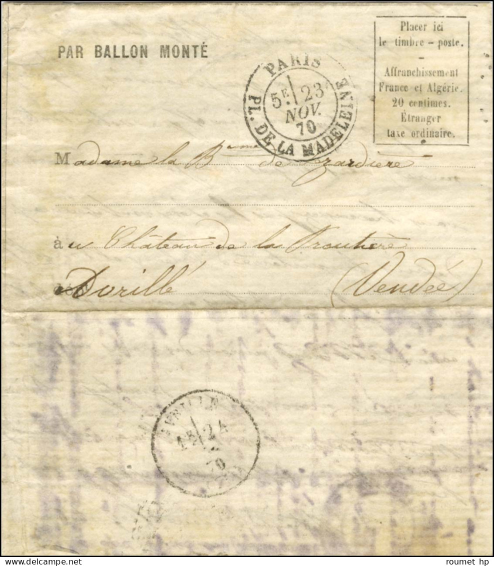 Càd PARIS / PL. DE LA MADELEINE 23 NOV. 70 5e Levée Sur Lettre PAR BALLON MONTÉ Pour Avrillé. Au Verso, Càd D'arrivée 24 - War 1870