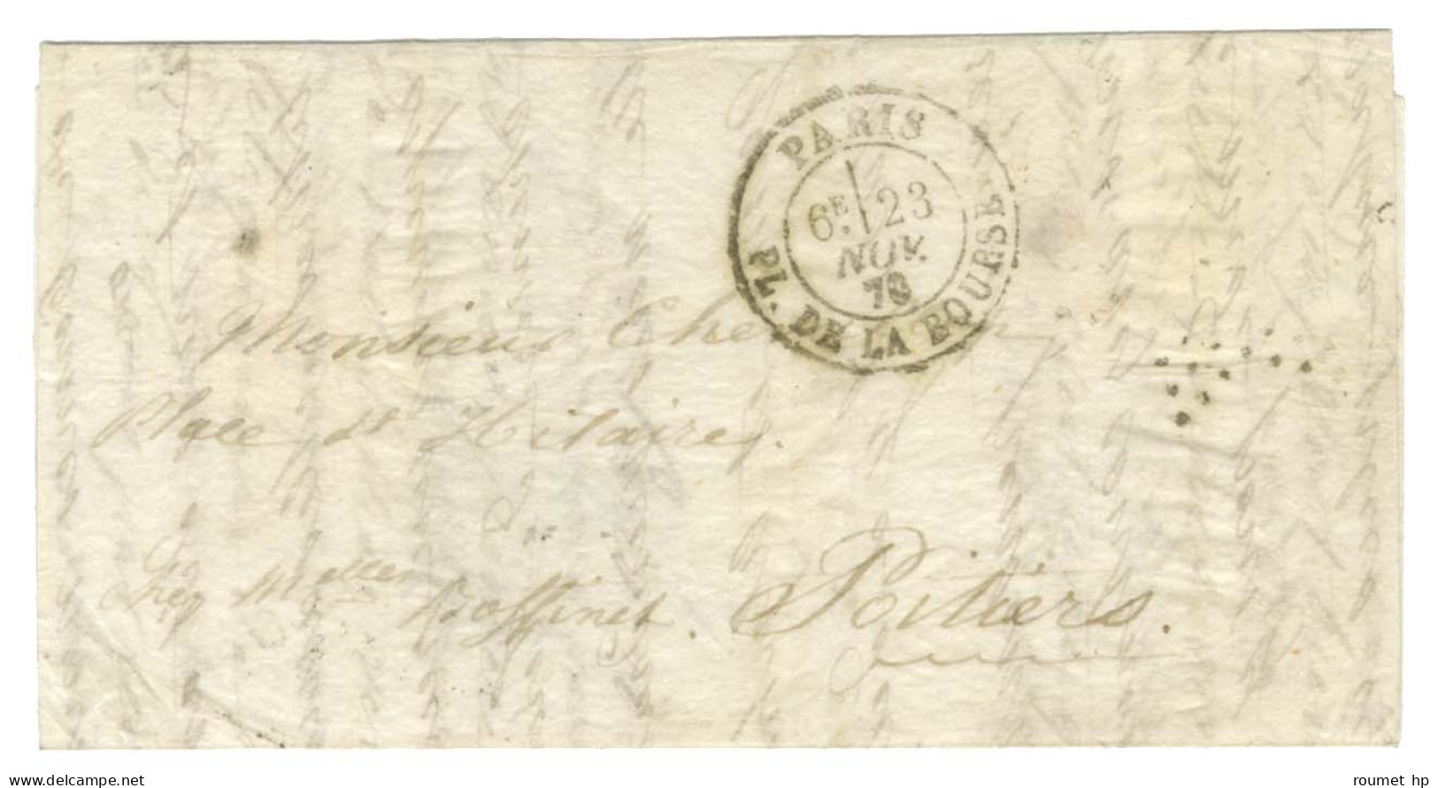 Càd PARIS / PL. DE LA BOURSE 23 NOV. 70 (timbre Tombé Par Immersion) Sur Lettre Pour Poitiers. Au Verso, Càd D'arrivée 1 - War 1870