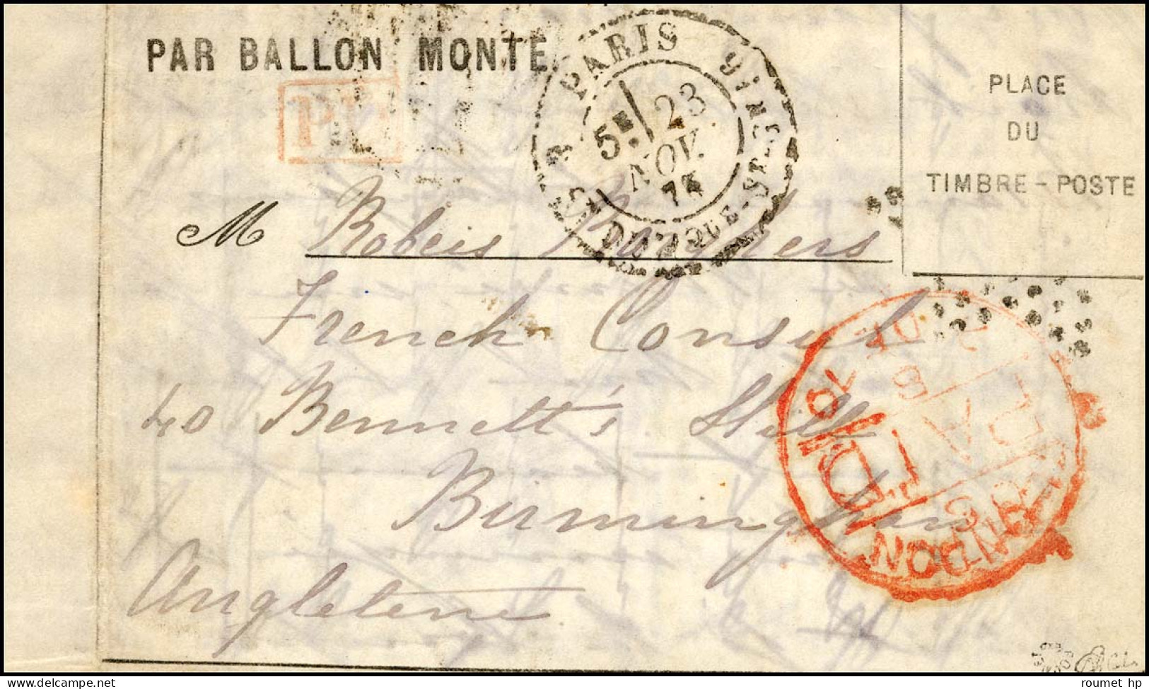 Càd R. ST DOMque ST GN 56 23 NOV. 70 (timbre Décollé Par Immersion) Sur Lettre PAR BALLON MONTÉ Pour Birmingham, Càd De  - War 1870