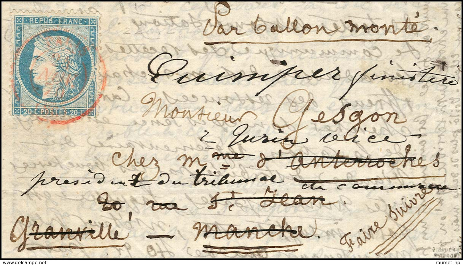 Càd Rouge PARIS (SC) 24 NOV. 70 / N° 37 (belle Variété, Filet Effleuré) Sur Lettre Pour Granville Réexpédiée à Quimper,  - War 1870