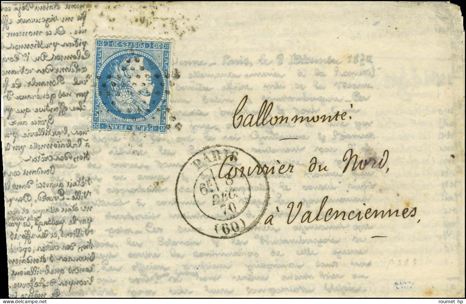 Etoile / N° 37 Càd PARIS (60) 3 DEC. 70 Sur Agence Havas Edition Française Adressée Au Courrier Du Nord à Valenciennes.  - War 1870