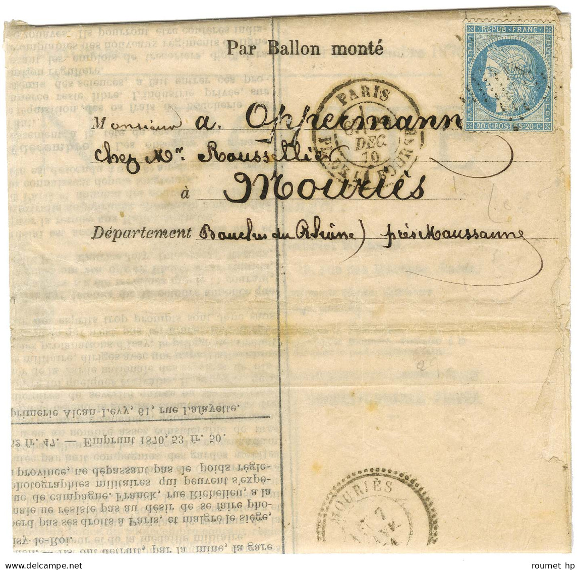 Etoile 1 / N° 37 Càd PARIS / PL. DE LA BOURSE 29 DEC. 70 Sur Le Ballon Poste N° 17 Pour Mouriès. Au Verso, Càd D'arrivée - Oorlog 1870