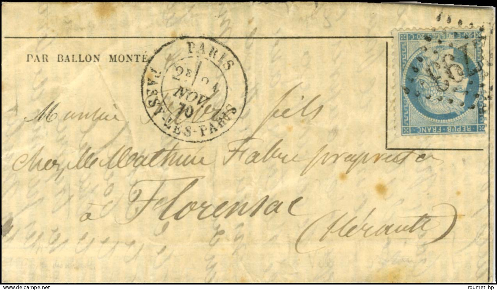 GC 3793 / N° 37 Càd PARIS / PASSY LES PARIS 24 NOV 70 Sur Gazette Des Absents N° 8 Pour Florensac Sans Càd D'arrivée. Co - War 1870