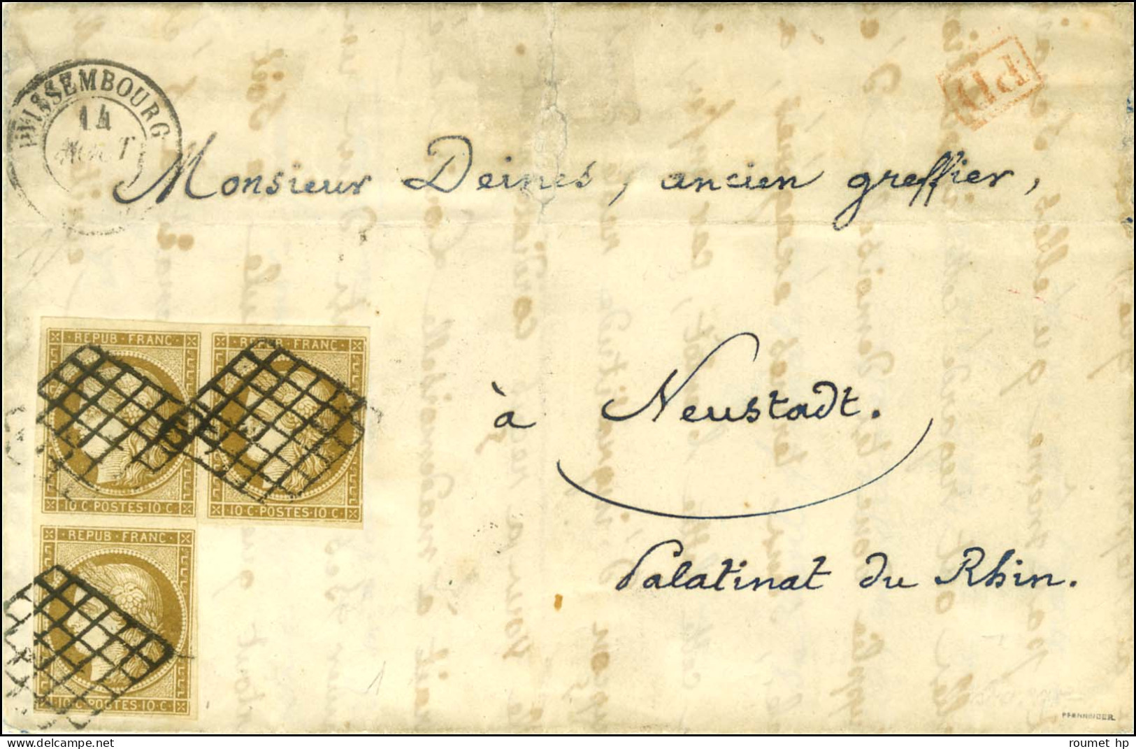 Grille / N° 1 Bistre Verdâtre Foncé (3 Ex. En équerre) Càd T 15 WISSEMBOURG Sur Lettre Au Tarif à 30c. Pour Neustadt (Pa - 1849-1876: Klassik