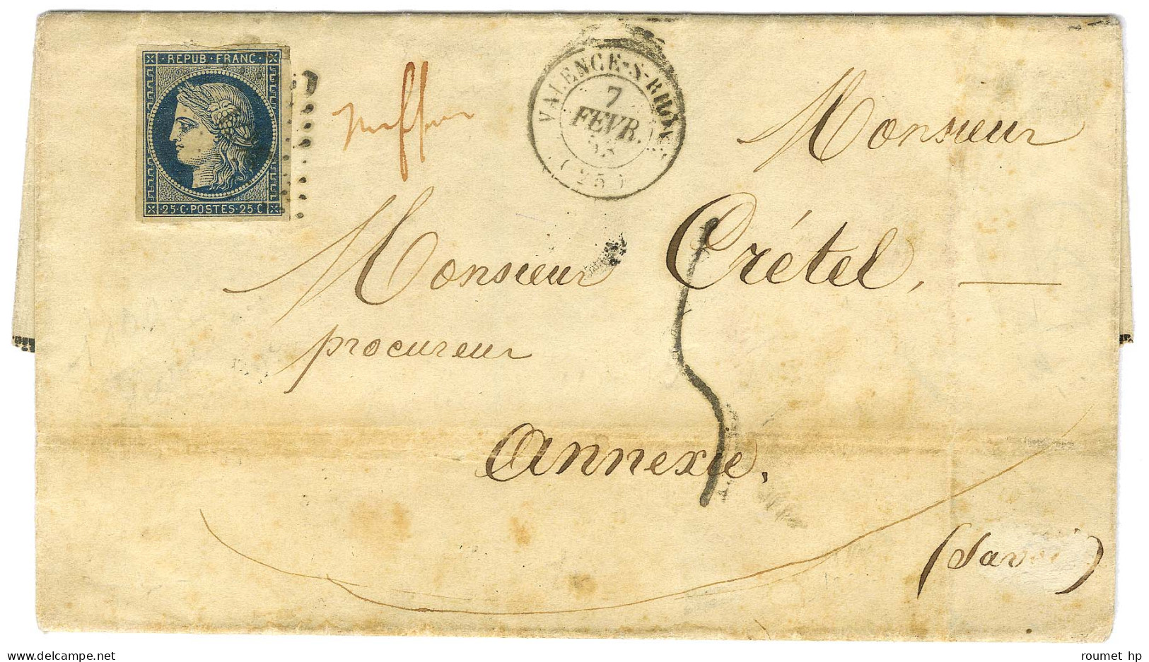 PC 3471 / N° 4 (leg Def) Càd T 15 VALENCE-S-RHONE (25) Sur Lettre Insuffisamment Affranchie Pour Annecy (Etats Sardes).  - 1849-1876: Classic Period