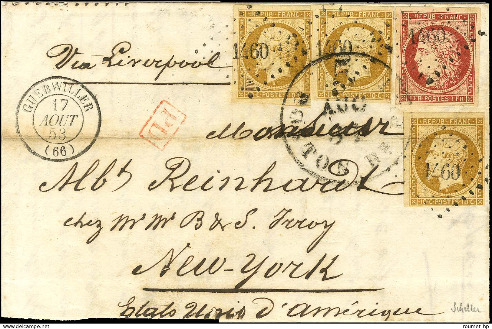 PC 1460 / N° 6 Superbes Marges + 10 (3) (qq Defs) Càd T 15 GUEBWILLER (66) Sur Lettre Pour New York. 1853. - TB / SUP. - - 1849-1876: Periodo Clásico