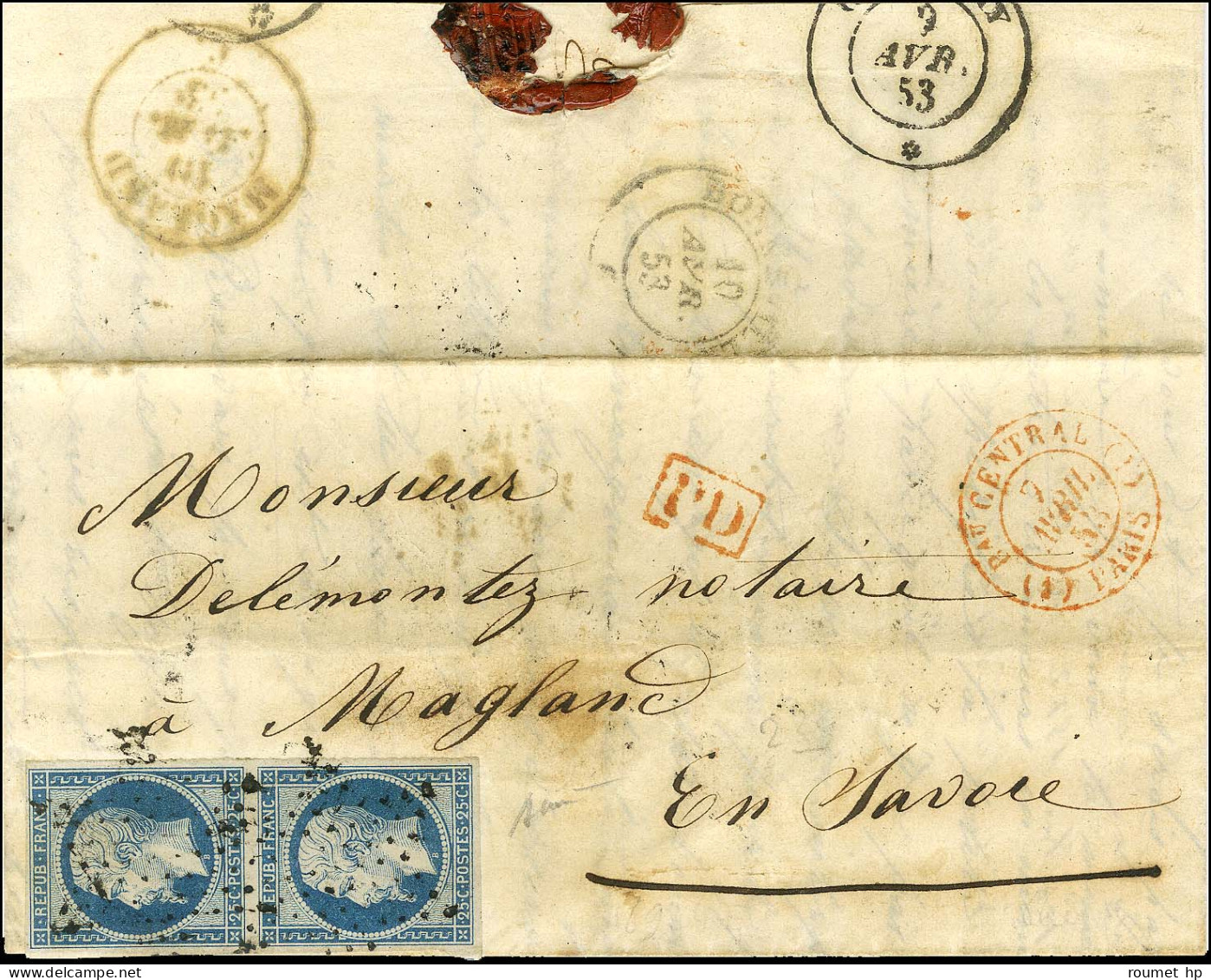 Etoile / N° 10 Paire Càd Rouge (1) Bau CENTRAL (1) / PARIS Sur Lettre Adressée à Magland (Duché De Savoie). Au Verso, Cà - 1849-1876: Periodo Clásico