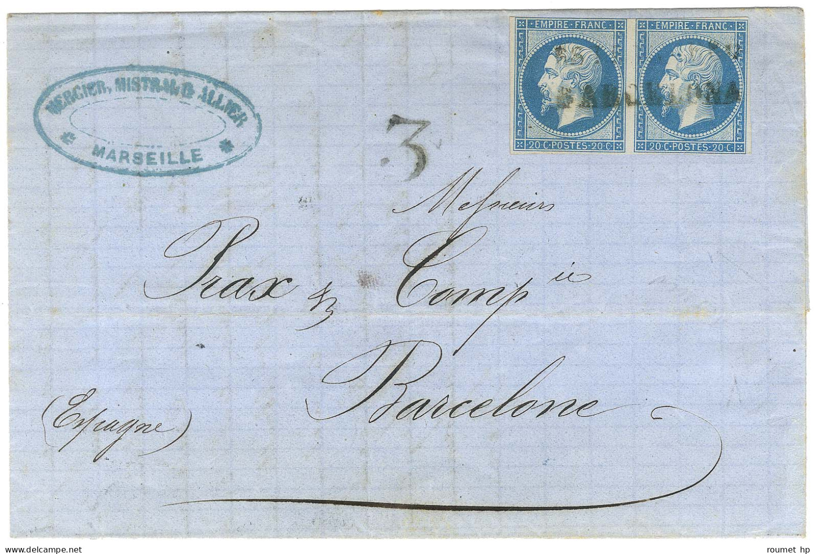 Griffe ESTRANGERO / BARCELONA / N° 14 Paire Sur Lettre De Marseille Pour Barcelone. Au Recto, Taxe Tampon 3. 1862. - TB. - 1849-1876: Classic Period