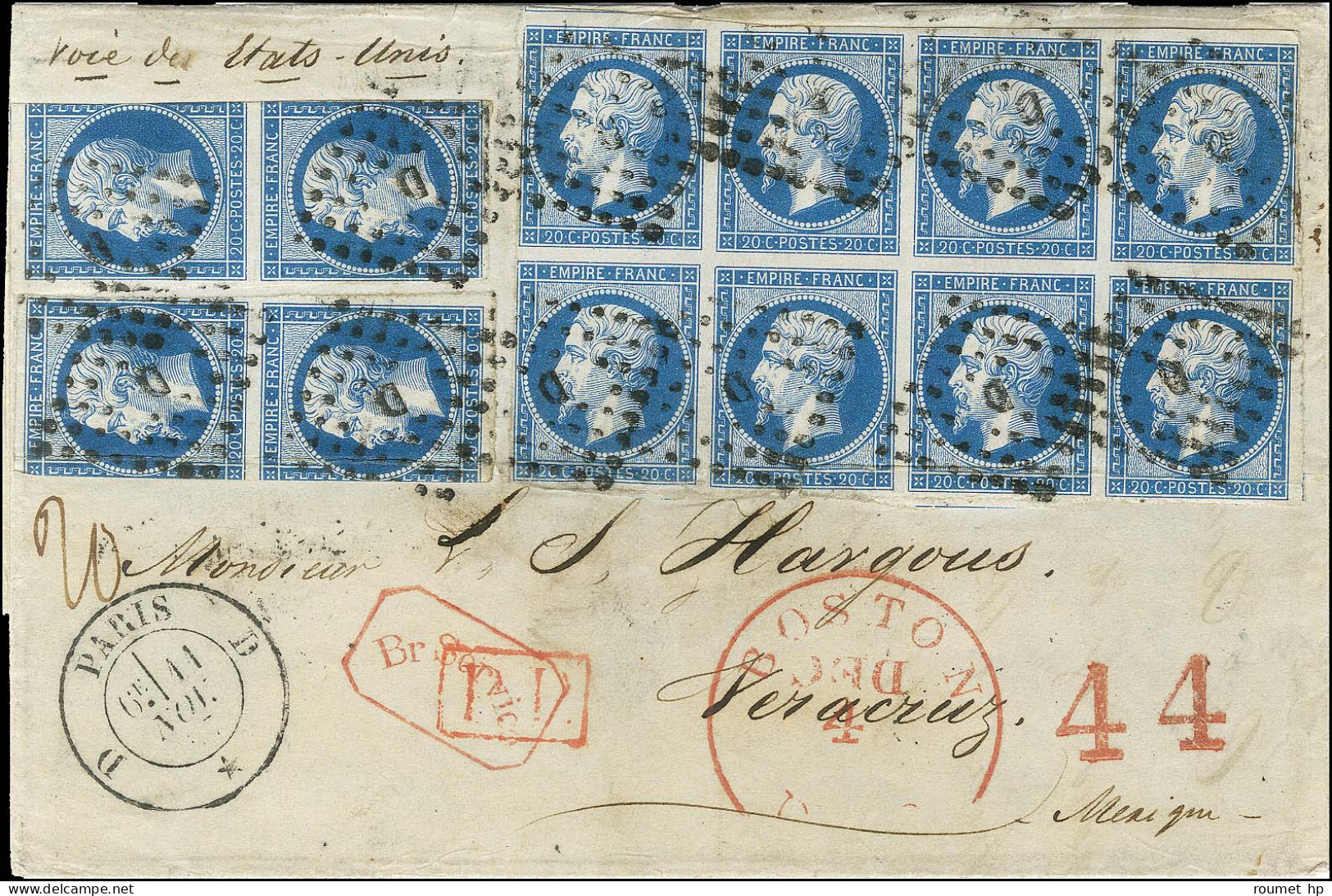 Losange D / N° 14 Bloc De 8 (4 Ex Légère Froissure) + Paire (2) (def) Càd D PARIS D / * Sur Lettre Pour Vera Cruz Par La - 1849-1876: Klassik