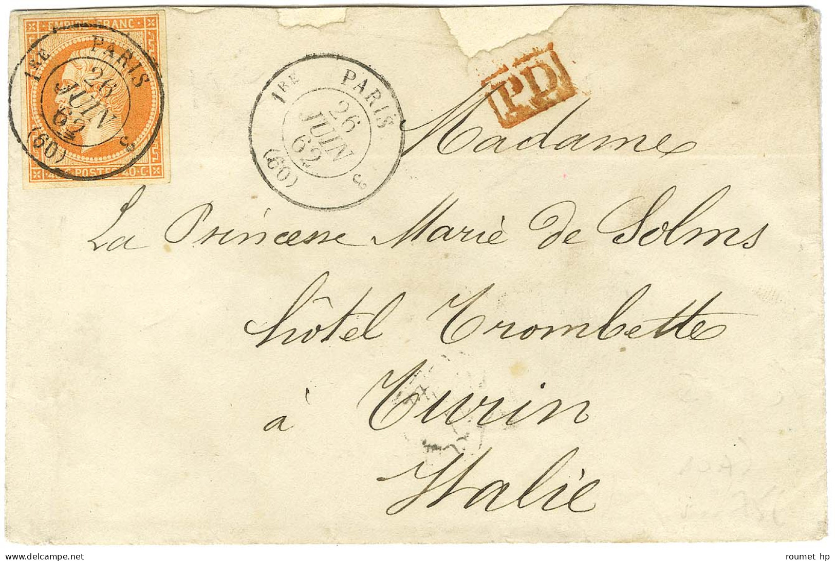 Càd PARIS (60) / N° 16 Orange Vif Belles Marges Sur Lettre Pour Turin. 1862. - TB / SUP. - 1849-1876: Période Classique