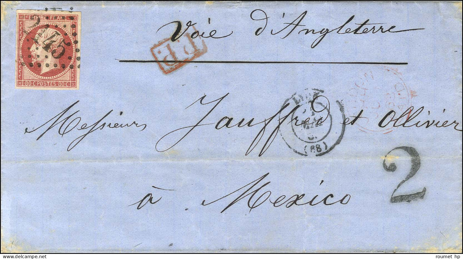 GC 2145 / N° 17 Càd T 15 LYON (68) Sur Lettre Pour Mexico. Au Recto, Taxe 2 Pour Le Trajet Intérieur. 1863. - TB / SUP.  - 1849-1876: Période Classique