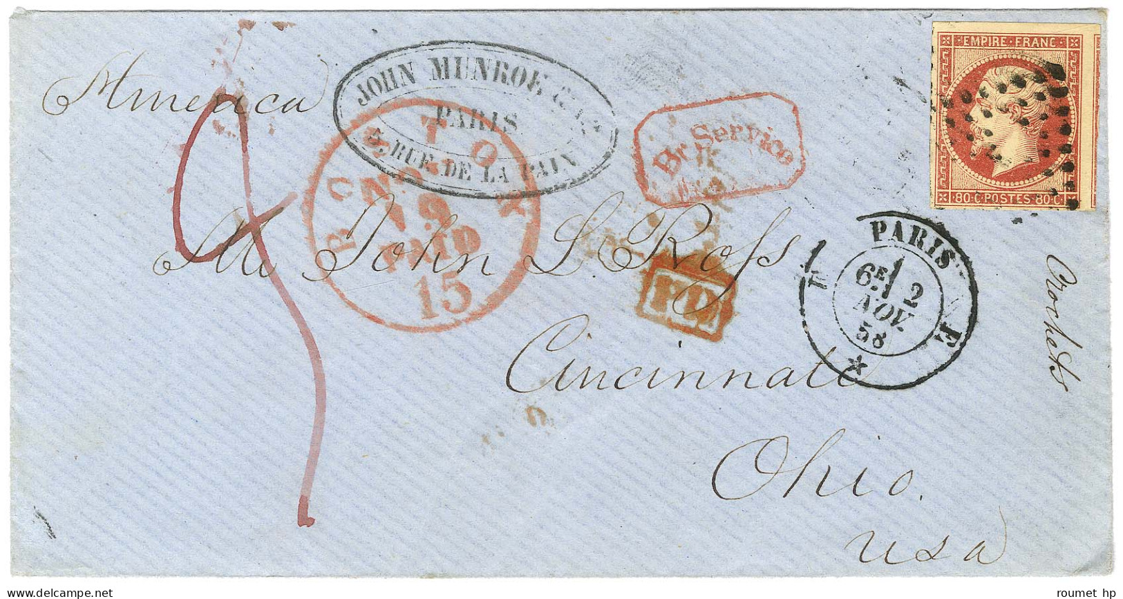 Losange E / N° 17 Càd E / PARIS E / * Sur Lettre Pour Cincinnati. Au Recto, Taxe 3 Pour La Redevance Due Par La France A - 1849-1876: Periodo Clásico