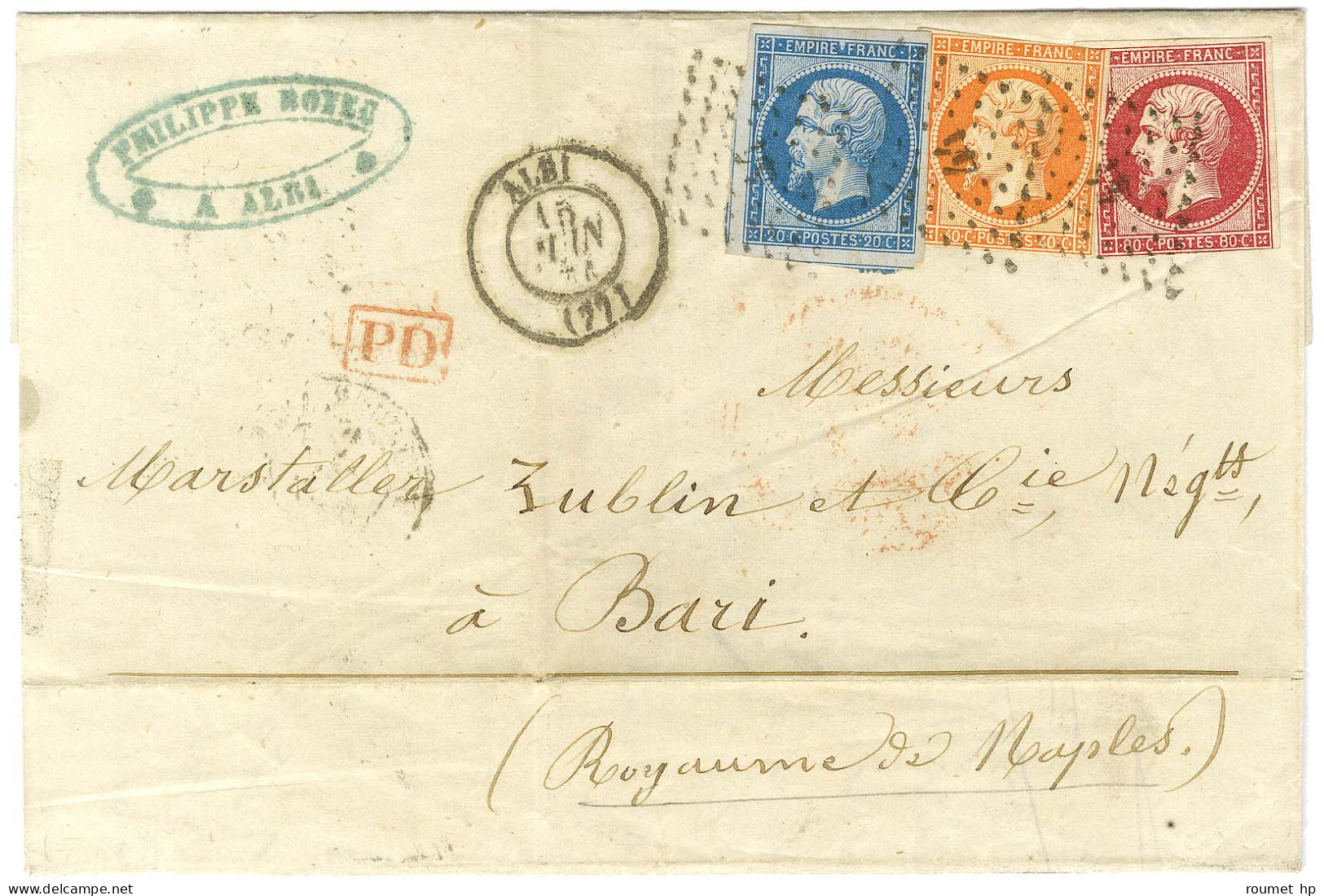 PC 44 / N° 14 + 16 (leg Def) + 17 Càd T 15 ALBI (77) Sur Lettre Pour Bari (Royaume De Naples). 1861. - TB / SUP. - R. - 1849-1876: Klassieke Periode