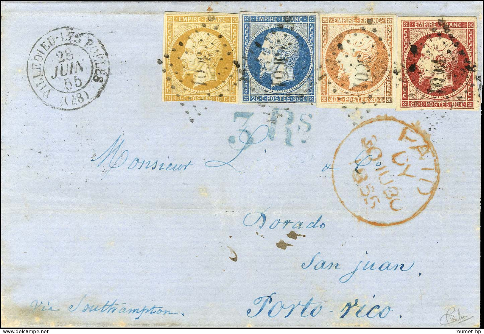 PC 3601 / N° 13 (def) + 14 + 16 + 17 Càd T 14 VILLEDIEU-LES-POELES (48) Sur Lettre Pour Saint Jean De Porto Rico. Au Rec - 1849-1876: Klassik