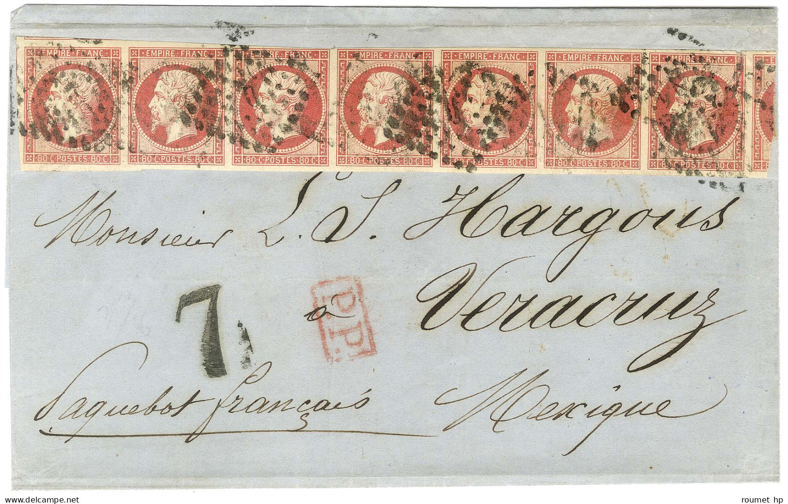 Losange D / N° 17 Bande De 8 (1 Ex Def à La Fermeture) Sur Lettre Pour Vera Cruz. Au Recto, Taxe 7 Pour Le Trajet Intéri - 1849-1876: Période Classique