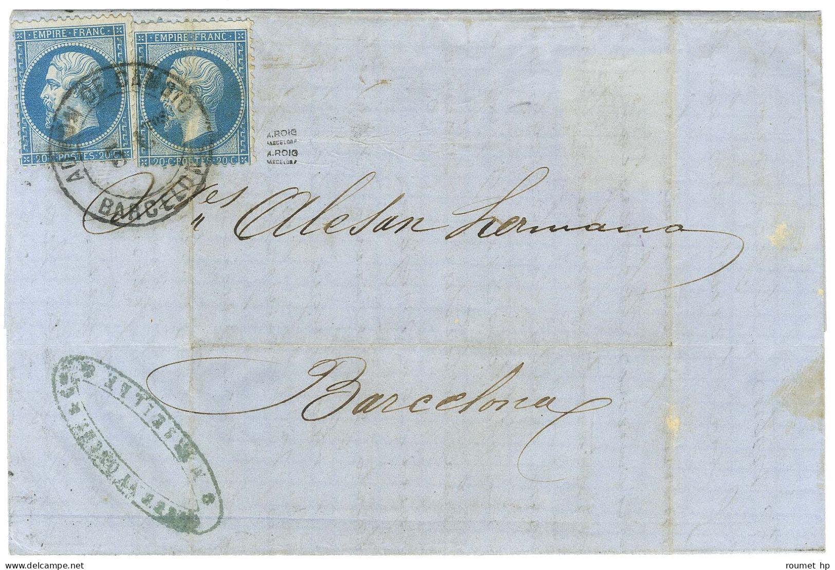 Cachet ADMON. DE CAMBIO / 3Ctos / BARCELONA / N° 22 (2 Dont 1 Ex Pli) Sur Lettre De Marseille Pour Barcelone. 1863. - TB - 1849-1876: Période Classique