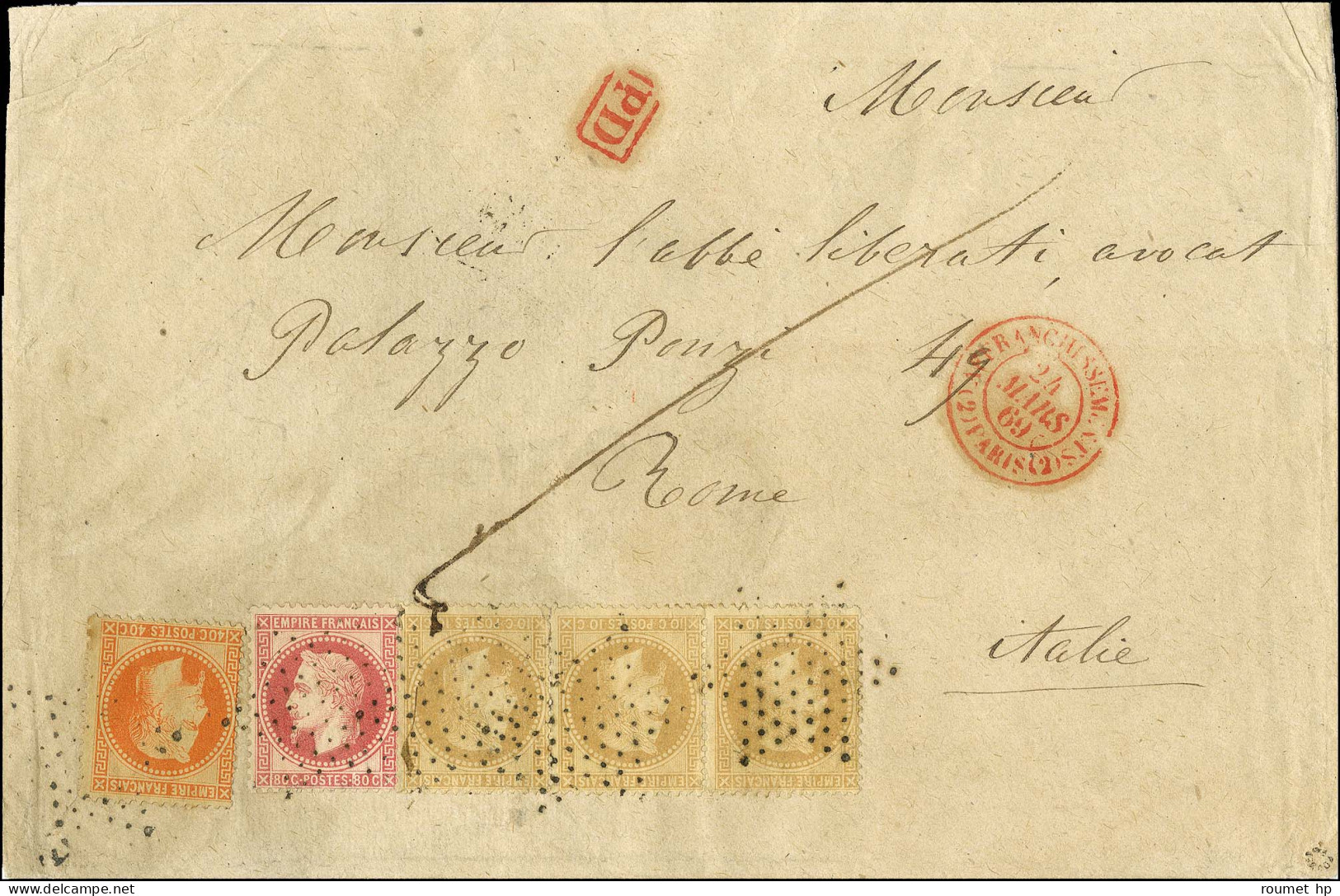 Etoile / N° 28 (3) + 31 + 32 Càd Rouge (2) AFFRANCHISSEMENT (2) / PARIS Sur Lettre Pour Rome. 1869. - TB / SUP. - R. - 1849-1876: Classic Period