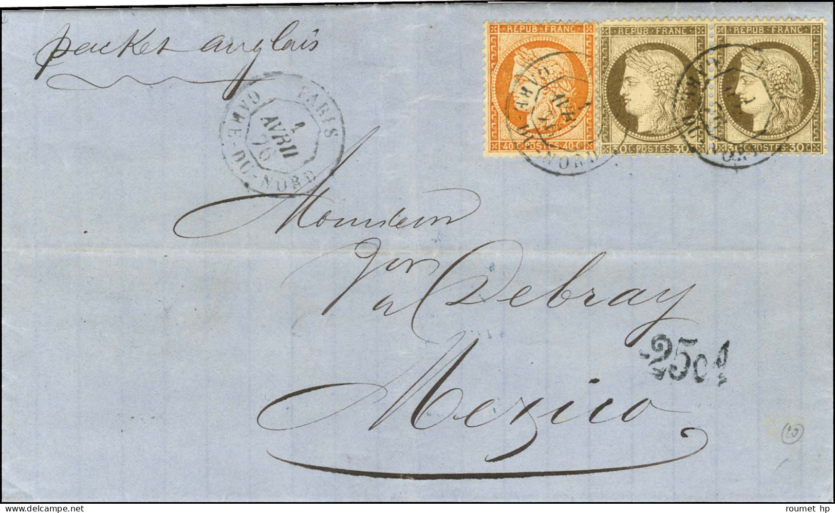 Càd PARIS / GARE DU NORD (très Rare Cachet Cercle Intérieur à Pan Coupé) / N° 38 + N° 56 Paire Sur Lettre Pour Mexico. A - 1849-1876: Klassik