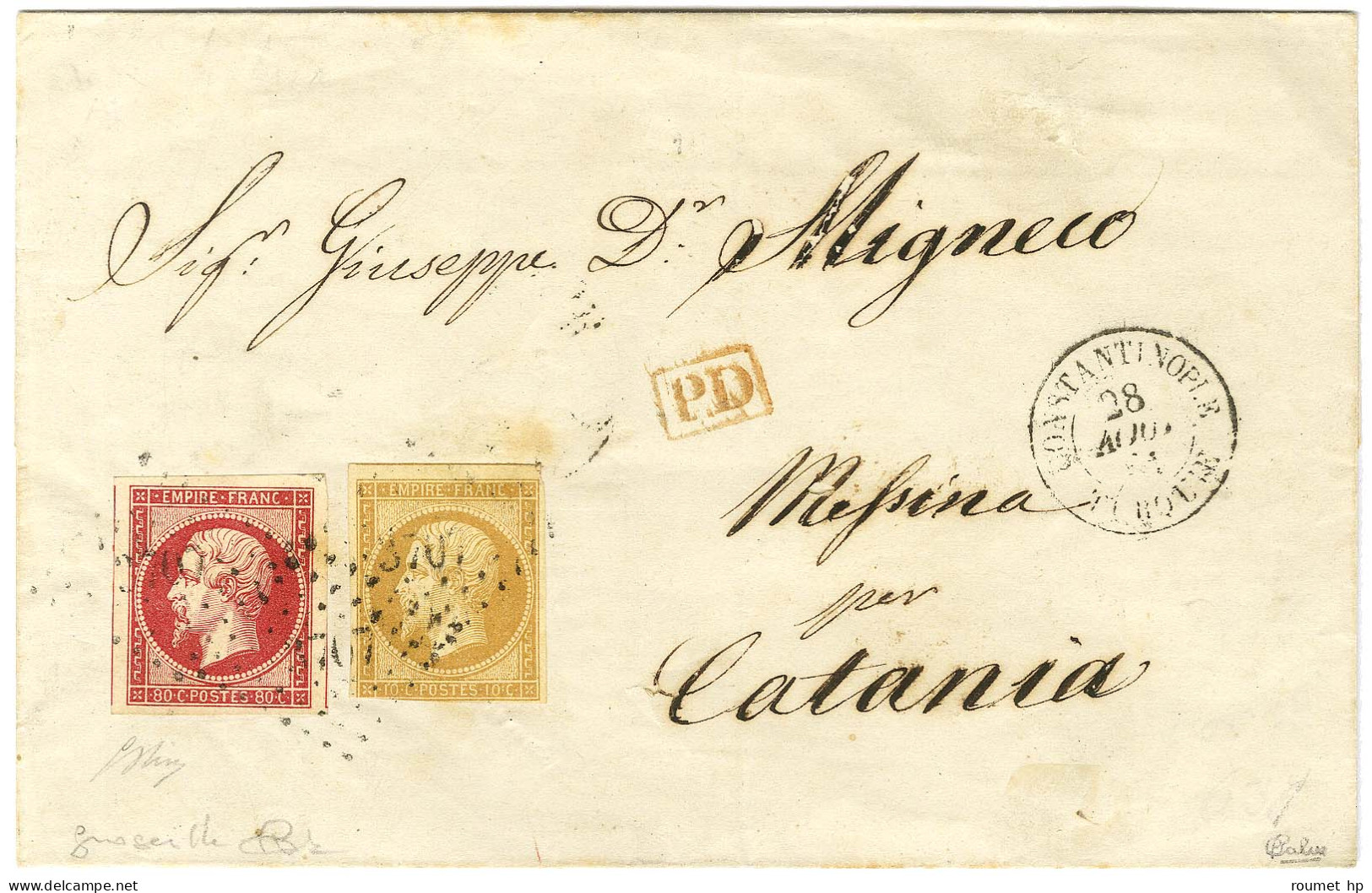 PC 3707 / N° 13 (filet Effleuré) + 17 Belle Nuance Groseille Belles Marges Càd CONSTANTINOPLE / TURQUIE Sur Lettre Pour  - Schiffspost